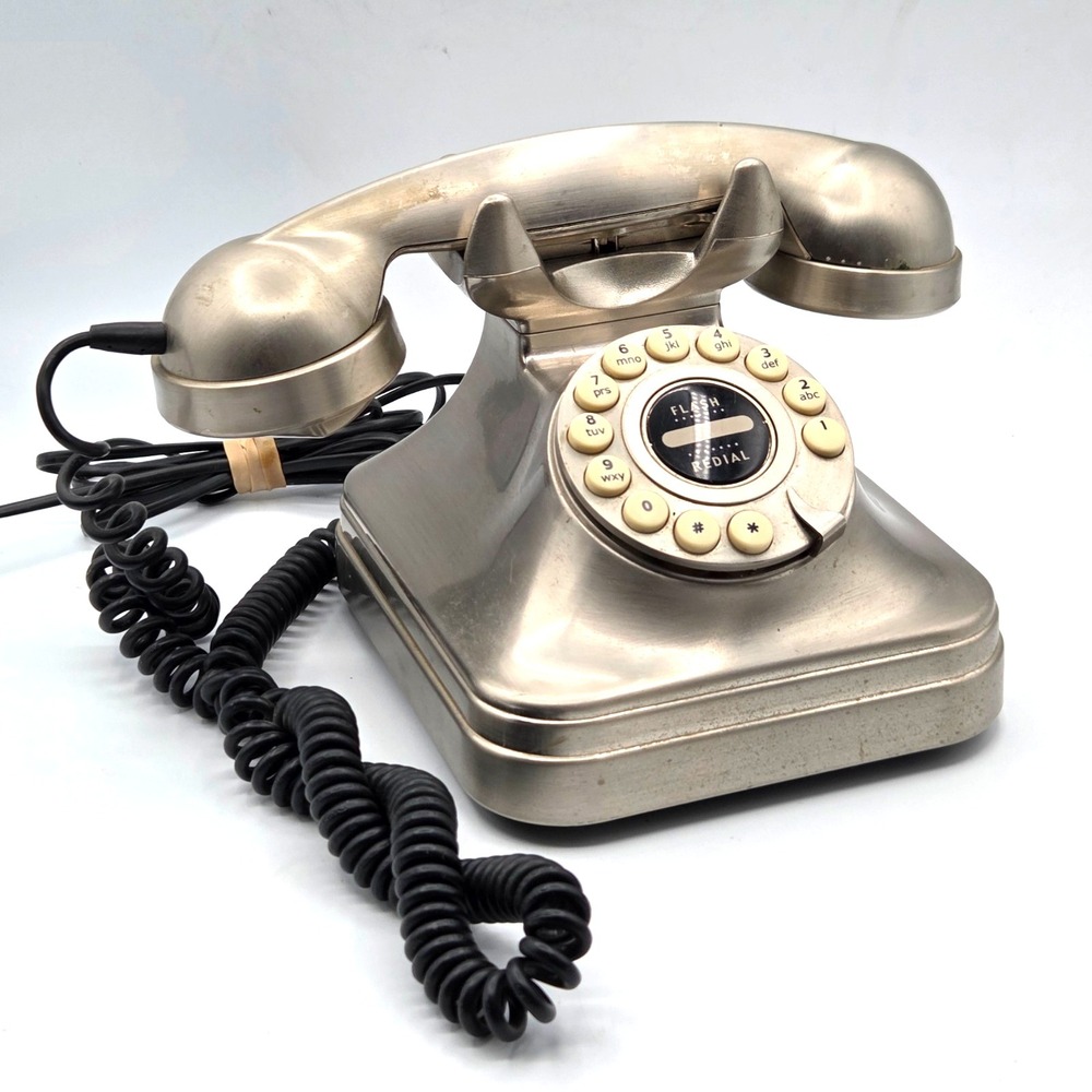 Pottery Barn Grand Phone Push Button Retro Rotary Style Brushed Silver Vintage